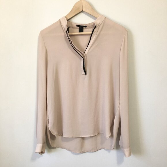 Classy Sheer Bisque and Black Trim Tunic Neck Blouse - Picture 1 of 16